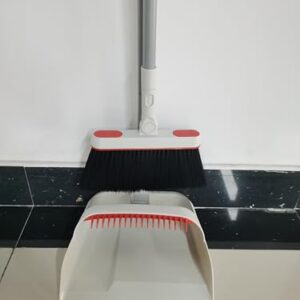 JEHONN Broom and Dustpan Set for Home, Long Handle Lightweight 180 Degree Rotating Broom Set Indoor, Upright Standing Dust Pan with Comb Teeth, Store Sweep Set for Room Kitchen Office (Grey & Red)