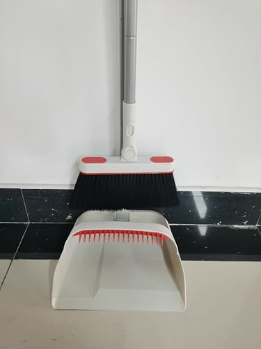 JEHONN Broom and Dustpan Set for Home, Long Handle Lightweight 180 Degree Rotating Broom Set Indoor, Upright Standing Dust Pan with Comb Teeth, Store Sweep Set for Room Kitchen Office (Grey & Red)