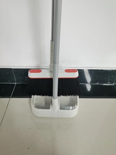 JEHONN Broom and Dustpan Set for Home, Long Handle Lightweight 180 Degree Rotating Broom Set Indoor, Upright Standing Dust Pan with Comb Teeth, Store Sweep Set for Room Kitchen Office (Grey & Red)