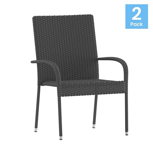 Flash Furniture Maxim Wicker Indoor/Outdoor Dining Chairs with Arms - Gray Wicker Wrapped Steel Frames - Fade & Weather Resistant-For Deck or Backyard - Set of 2