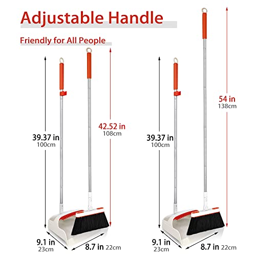 JEHONN Broom and Dustpan Set for Home, Long Handle Lightweight 180 Degree Rotating Broom Set Indoor, Upright Standing Dust Pan with Comb Teeth, Store Sweep Set for Room Kitchen Office (Grey & Red)