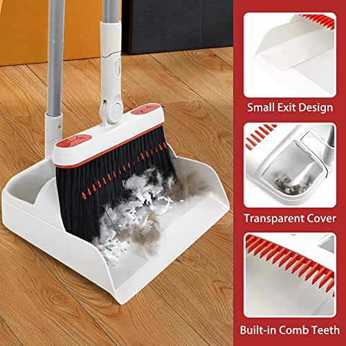 JEHONN Broom and Dustpan Set for Home, Long Handle Lightweight 180 Degree Rotating Broom Set Indoor, Upright Standing Dust Pan with Comb Teeth, Store Sweep Set for Room Kitchen Office (Grey & Red)