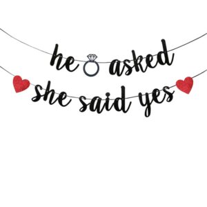 tennychaor he asked she said yes banner,black glitter paper sign for wedding/engagement/bridal shower party decorations supplies.