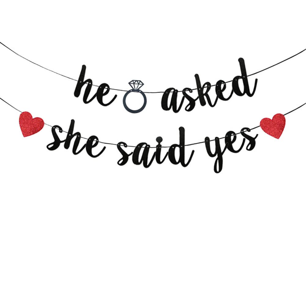 TENNYCHAOR He Asked She Said Yes Banner,Black Glitter Paper Sign for Wedding/Engagement/Bridal Shower Party Decorations Supplies.