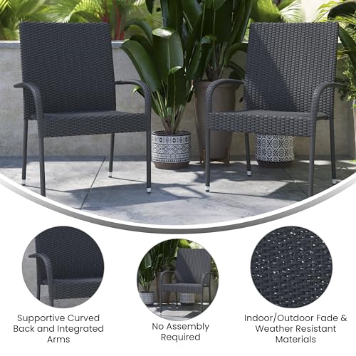 Flash Furniture Maxim Wicker Indoor/Outdoor Dining Chairs with Arms - Gray Wicker Wrapped Steel Frames - Fade & Weather Resistant-For Deck or Backyard - Set of 2