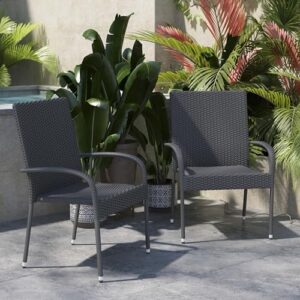 Flash Furniture Maxim Wicker Indoor/Outdoor Dining Chairs with Arms - Gray Wicker Wrapped Steel Frames - Fade & Weather Resistant-For Deck or Backyard - Set of 2