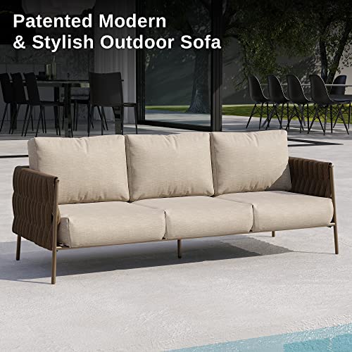 EAST OAK Life Chatter Outdoor Sofa, Outdoor Furniture 3 Seats with Waterproof Thick Cushions, Modern Patio Sofa Deep Seating for Outdoor Garden Porch Blackyard, Chestnut Brown & Creamy Apricot