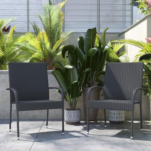 Flash Furniture Maxim Wicker Indoor/Outdoor Dining Chairs with Arms - Gray Wicker Wrapped Steel Frames - Fade & Weather Resistant-For Deck or Backyard - Set of 2