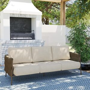 EAST OAK Life Chatter Outdoor Sofa, Outdoor Furniture 3 Seats with Waterproof Thick Cushions, Modern Patio Sofa Deep Seating for Outdoor Garden Porch Blackyard, Chestnut Brown & Creamy Apricot