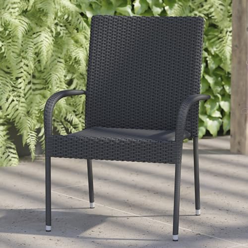 Flash Furniture Maxim Wicker Indoor/Outdoor Dining Chairs with Arms - Gray Wicker Wrapped Steel Frames - Fade & Weather Resistant-For Deck or Backyard - Set of 2