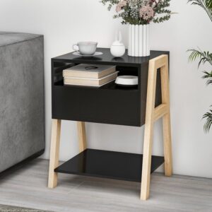 modern nightstand with drawer and 2 open shelves, high gloss bedside table with storage & trapezoid rubberwood leg frame, sofa side end accent table, black