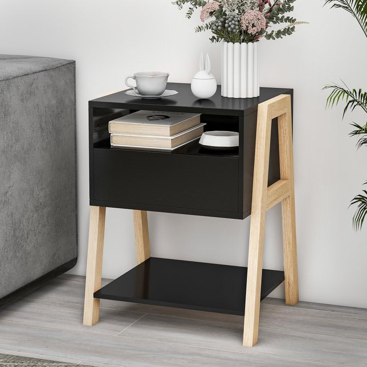 Modern Nightstand with Drawer and 2 Open Shelves, High Gloss Bedside Table with Storage & Trapezoid Rubberwood Leg Frame, Sofa Side End Accent Table, Black