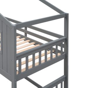 Harper & Bright Designs House Bunk Beds, Twin Over Twin Bunk Bed with Roof, Ladder and Windows, Floor Bunk Bed, Low Bunk Loft Bed for Kids Teens Boys & Girls, Gray