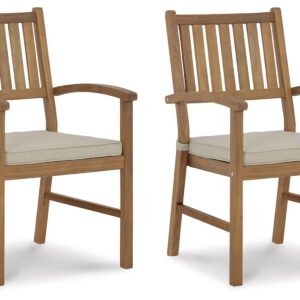 Signature Design by Ashley Janiyah Outdoor Acacia Wood Arm Chair & Cushion Set, 2 Count, Light Brown