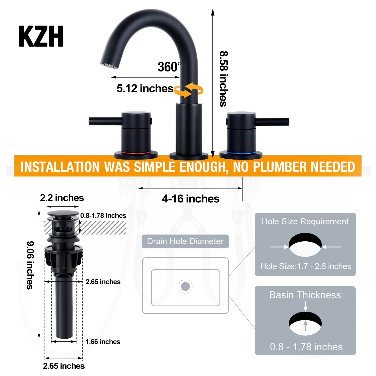 KZH Matte Black Bathroom Faucet 3 Hole, 8 inch Widespread Bathroom Faucet with Pop Up Drain, Bathroom Sink Faucet with 360° Swivel Spout, 2 Handle Vanity Faucet with Water Supply Hoses