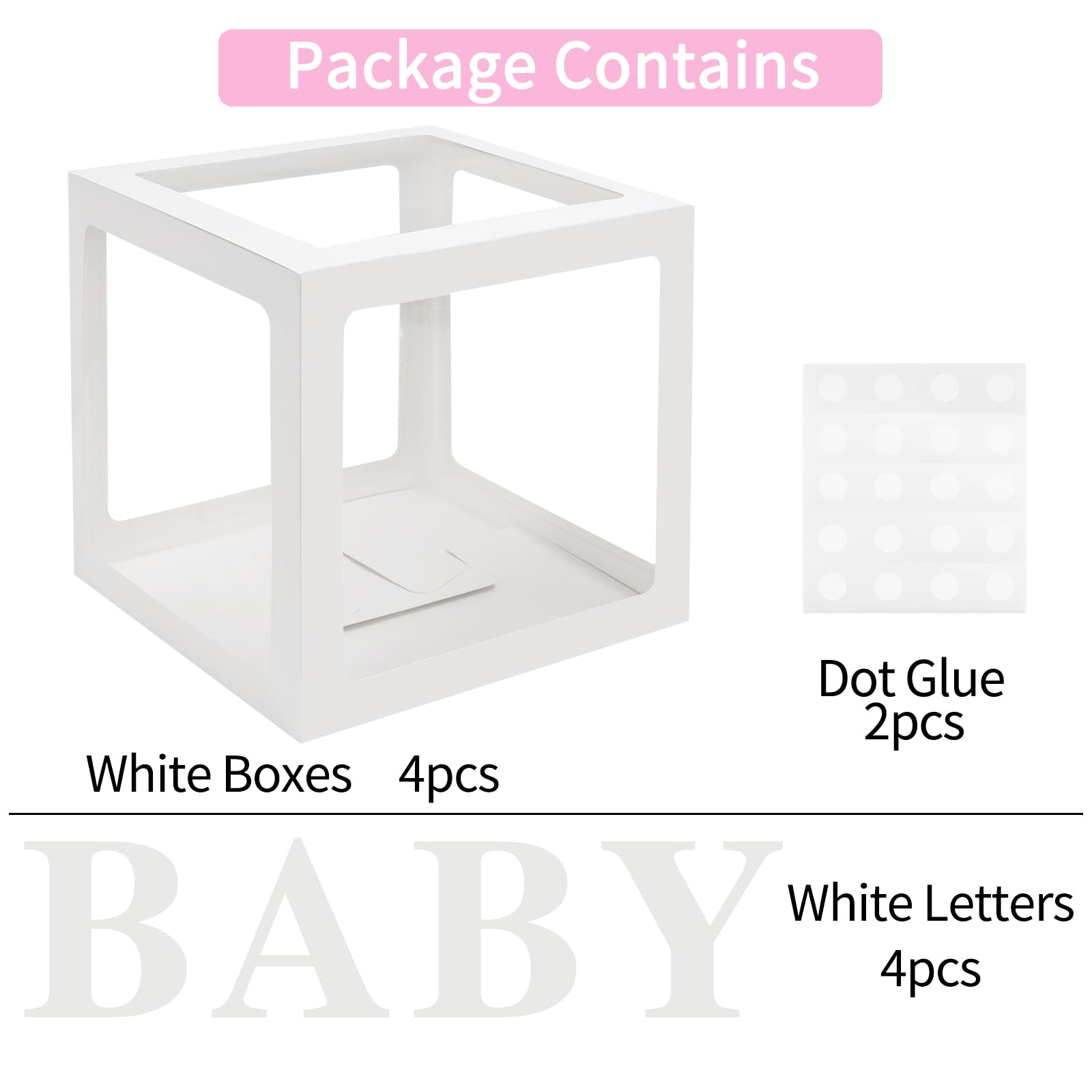 RUBFAC Baby Boxes with Letters for Baby Shower White Clear Block Box Transparent Balloon Boxes Birthday Party Decoration Gender Reveal Gift Box