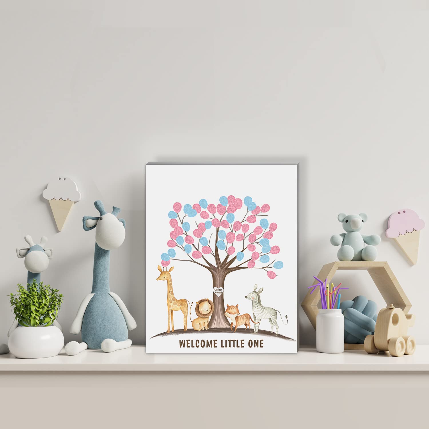 Gender Reveal Fingerprint Tree with Safari Animals, Baby Shower Guest Book Party Ideas, Gender Reveal Party Ideas, Gender Reveal Keepsake, Canvas Decoration