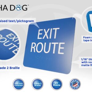 ALPHA DOG ADA SIGNS - Exit Route Sign with Braille for Your Business, 5x6 Inch, ADA Compliant, Indoor or Outdoor, Easy Installation, Made in the USA, Blue