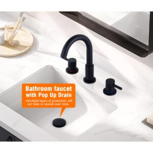 KZH Matte Black Bathroom Faucet 3 Hole, 8 inch Widespread Bathroom Faucet with Pop Up Drain, Bathroom Sink Faucet with 360° Swivel Spout, 2 Handle Vanity Faucet with Water Supply Hoses