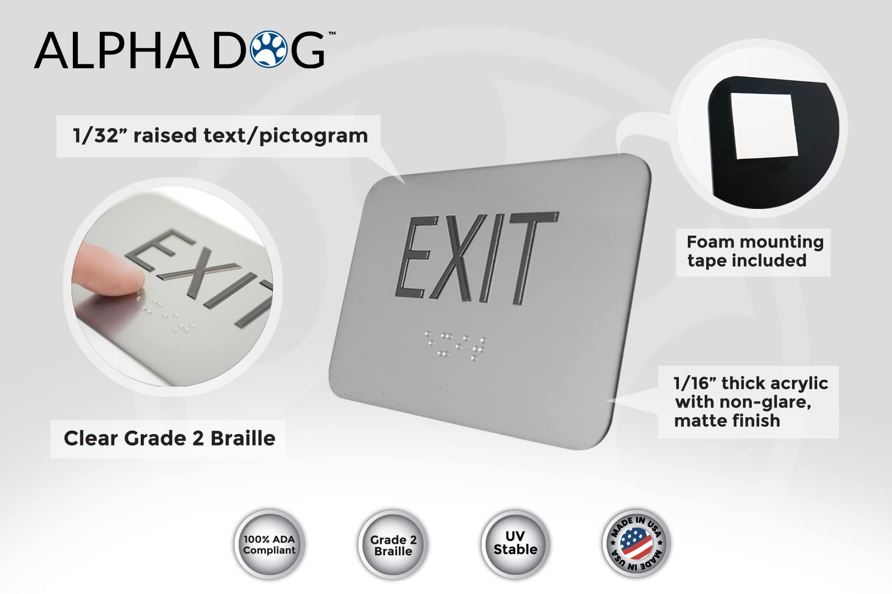 ALPHA DOG ADA SIGNS - Braille Exit Sign for Business, 3x5 Inch, ADA Compliant, ADA Exit Sign with Braille, Indoor or Outdoor, Easy Installation, Made in the USA, Brushed Exit Sign