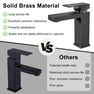 Solid Brass Black Bathroom Faucet, cUPC Certified 1 Hole Faucet for Bathroom Sink, Lead-Free Finished Single Hole Bathroom Sink Faucet with Water Supply Hoses & Pop Up Drain Stopper