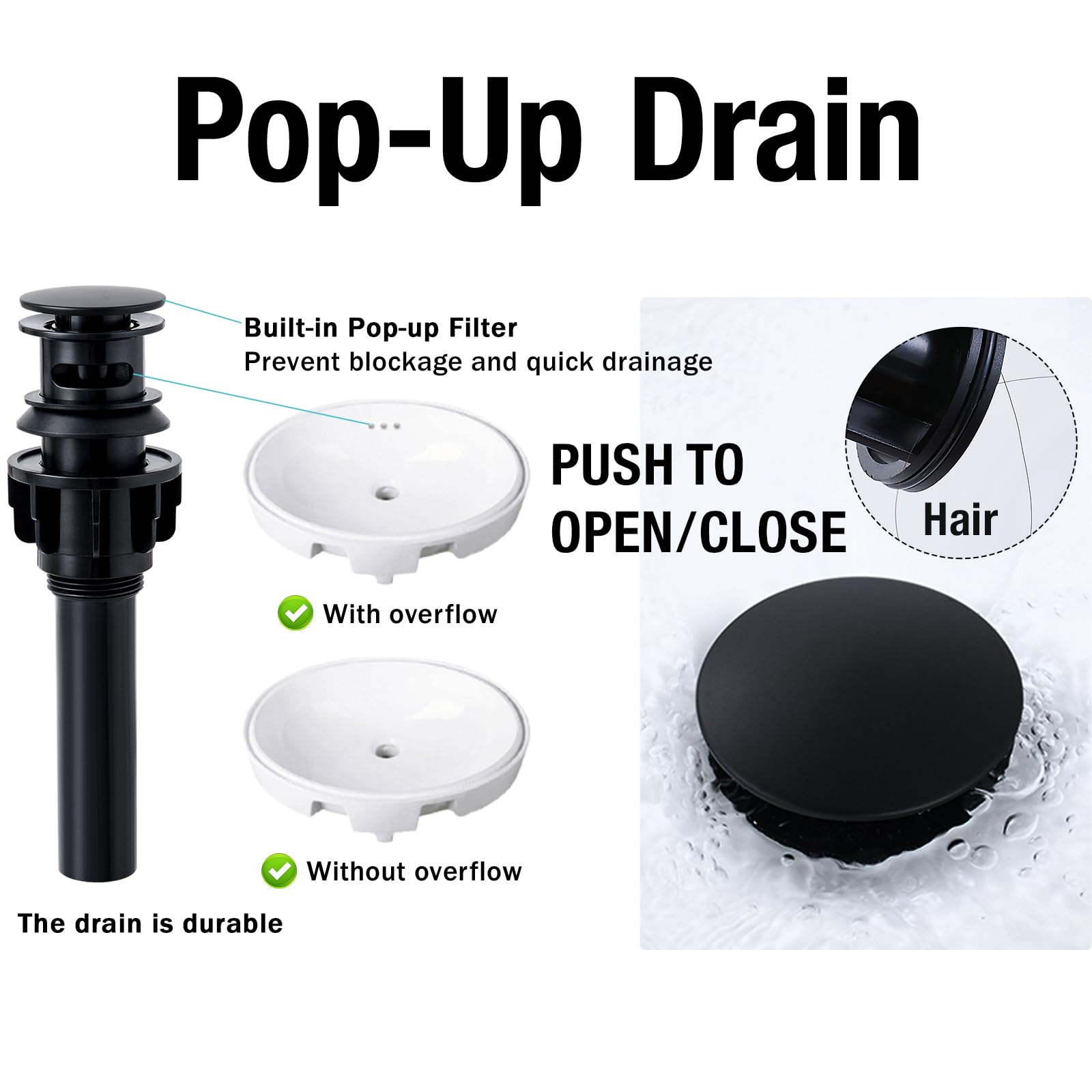 KZH Matte Black Bathroom Faucet 3 Hole, 8 inch Widespread Bathroom Faucet with Pop Up Drain, Bathroom Sink Faucet with 360° Swivel Spout, 2 Handle Vanity Faucet with Water Supply Hoses