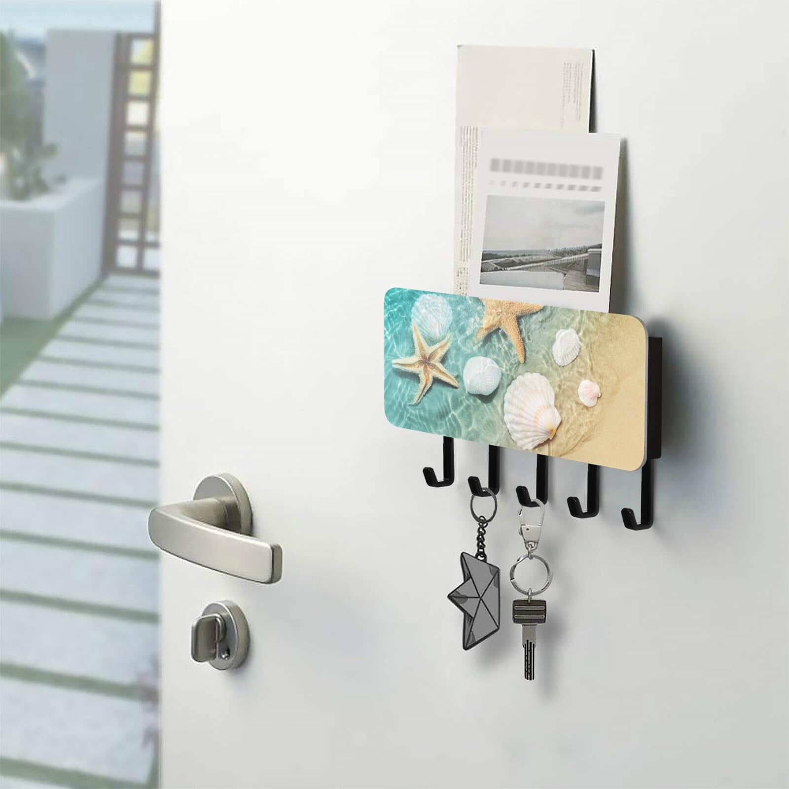 Sletend Ocean Beach Acrylic Key Holder, Wall-Mounted 5 Hooks Storage, Non-Marking Stickers Included, Modern Design for Entryway, Kitchen, Bathroom Decor