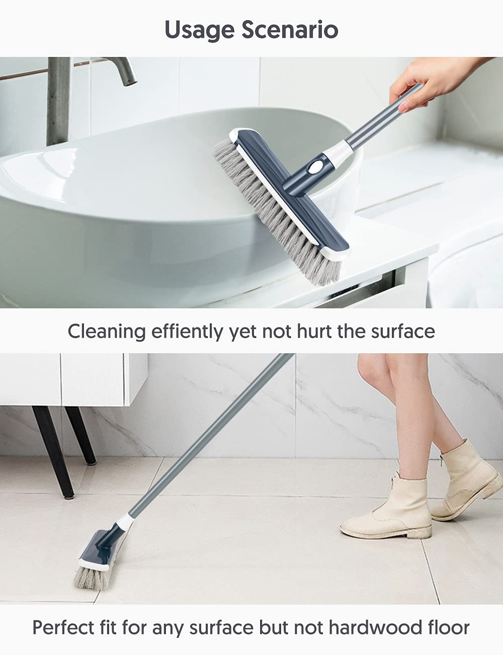 Scrub Brush Floor Brush with Long Handle, Deck Brush Floor Scrubber 2 in 1 Scrape Brush Stiff Bristle Shower Brush Scrubbing Brush Cleaning Brush for Bathroom, Kitchen, Tub, Carpet, Grout, Tile