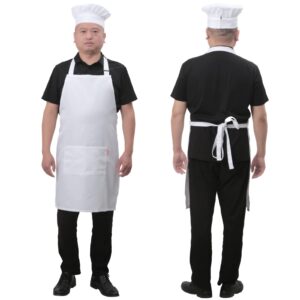 ALIPOBO Bib Aprons Set for Women and Men, Kitchen Chef Apron with 2 Pockets and 40" Long Ties, Plus Size Adjustable Apron and Hat for Cooking - 32" x 28" - White