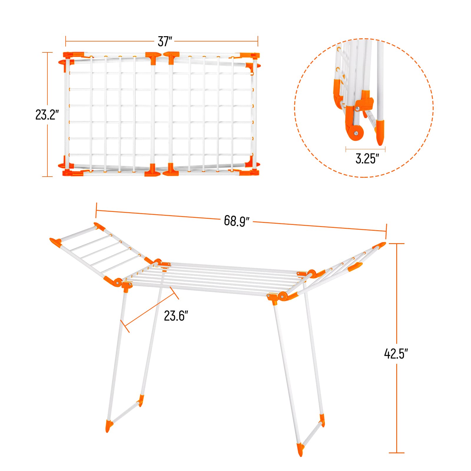 YUBELLES Clothes Drying Rack, Gullwing Laundry Rack, Collapsible, Space-Saving Laundry Rack, with Bonus Sock Clips, for Clothes, Towels, Linens, Indoor/Outdoor, Orange