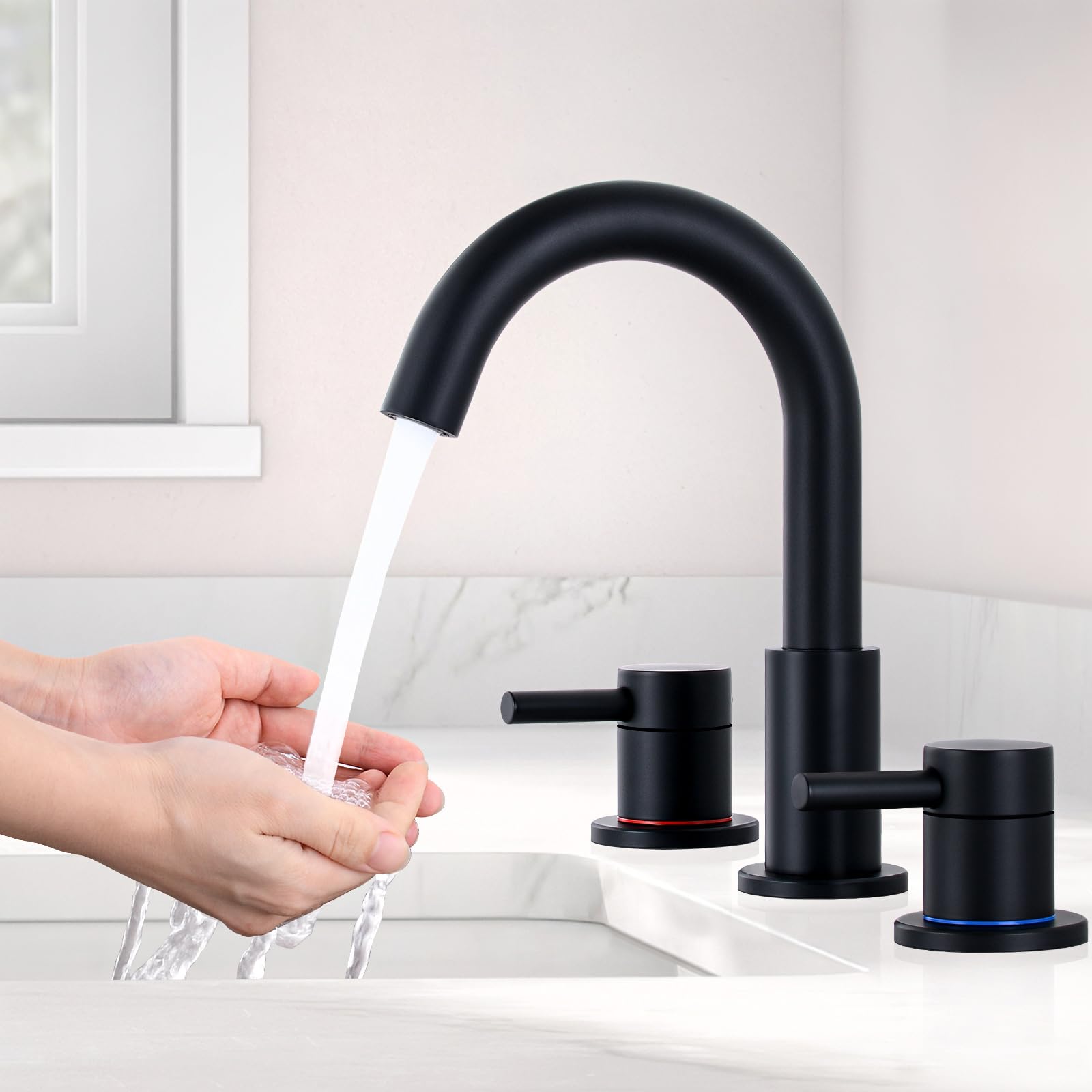 KZH Matte Black Bathroom Faucet 3 Hole, 8 inch Widespread Bathroom Faucet with Pop Up Drain, Bathroom Sink Faucet with 360° Swivel Spout, 2 Handle Vanity Faucet with Water Supply Hoses