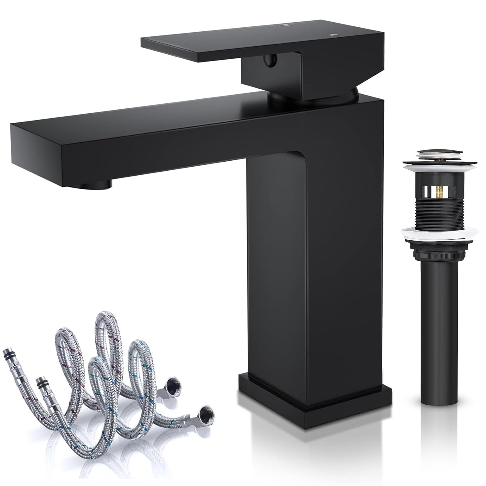 Solid Brass Black Bathroom Faucet, cUPC Certified 1 Hole Faucet for Bathroom Sink, Lead-Free Finished Single Hole Bathroom Sink Faucet with Water Supply Hoses & Pop Up Drain Stopper