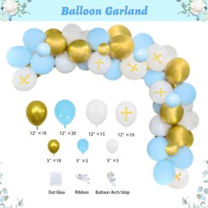 Fiesec Baptism Decorations for Boys, First Communion Christening Party Decorations God Bless Backdrop Balloon Garland Arch Linen Banner Poster Cake Cupcake Topper White Gold Blue