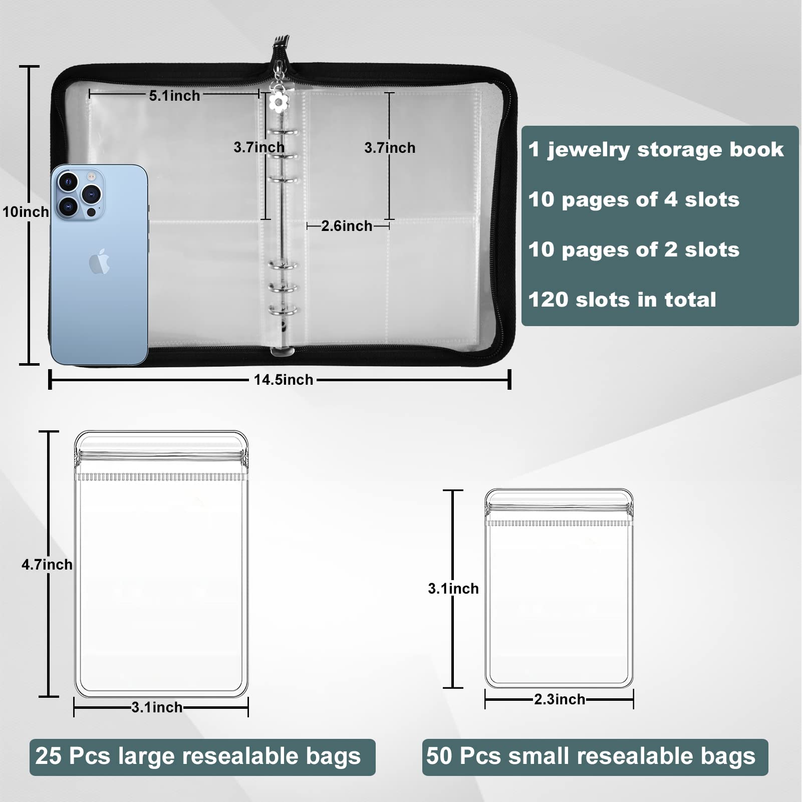 Travel Jewelry Organizer Transparent Jewelry Storage Book Set with Anti-oxidation Pocket Traveling Necklace Earring Organizer for Ring, Bracelets, Postcard (120 Grids +75 Thicken PVC Zipper Bags)