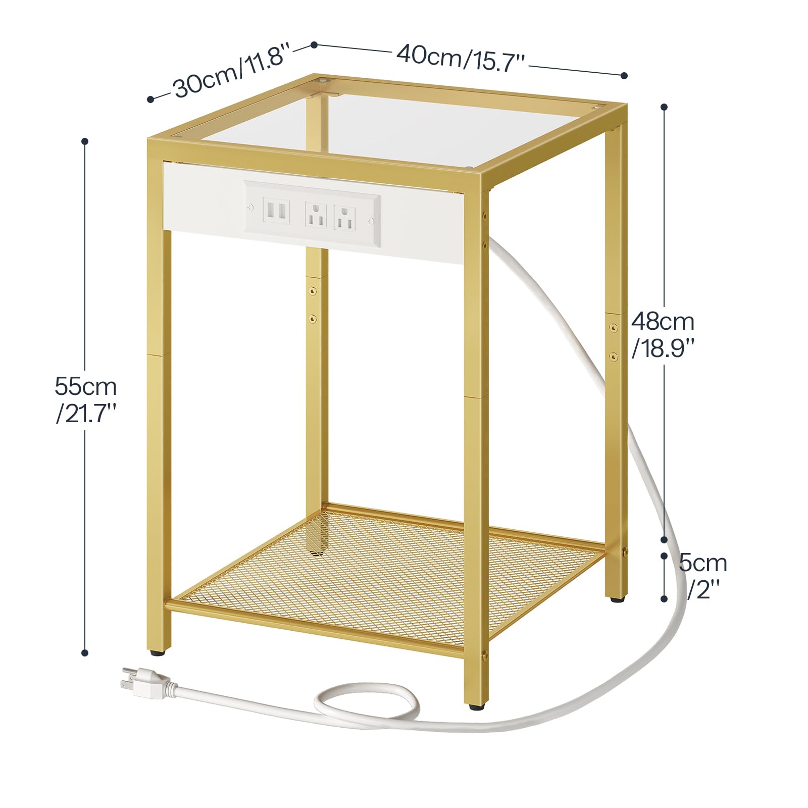 HOOBRO Side Table with Charging Station, Set of 2 End Tables with USB Ports, Nightstand for Tight Spaces, Tempered Glass, Modern Metal Frame, for Office, Bedroom, Living Room, Gold GD76UBZP201