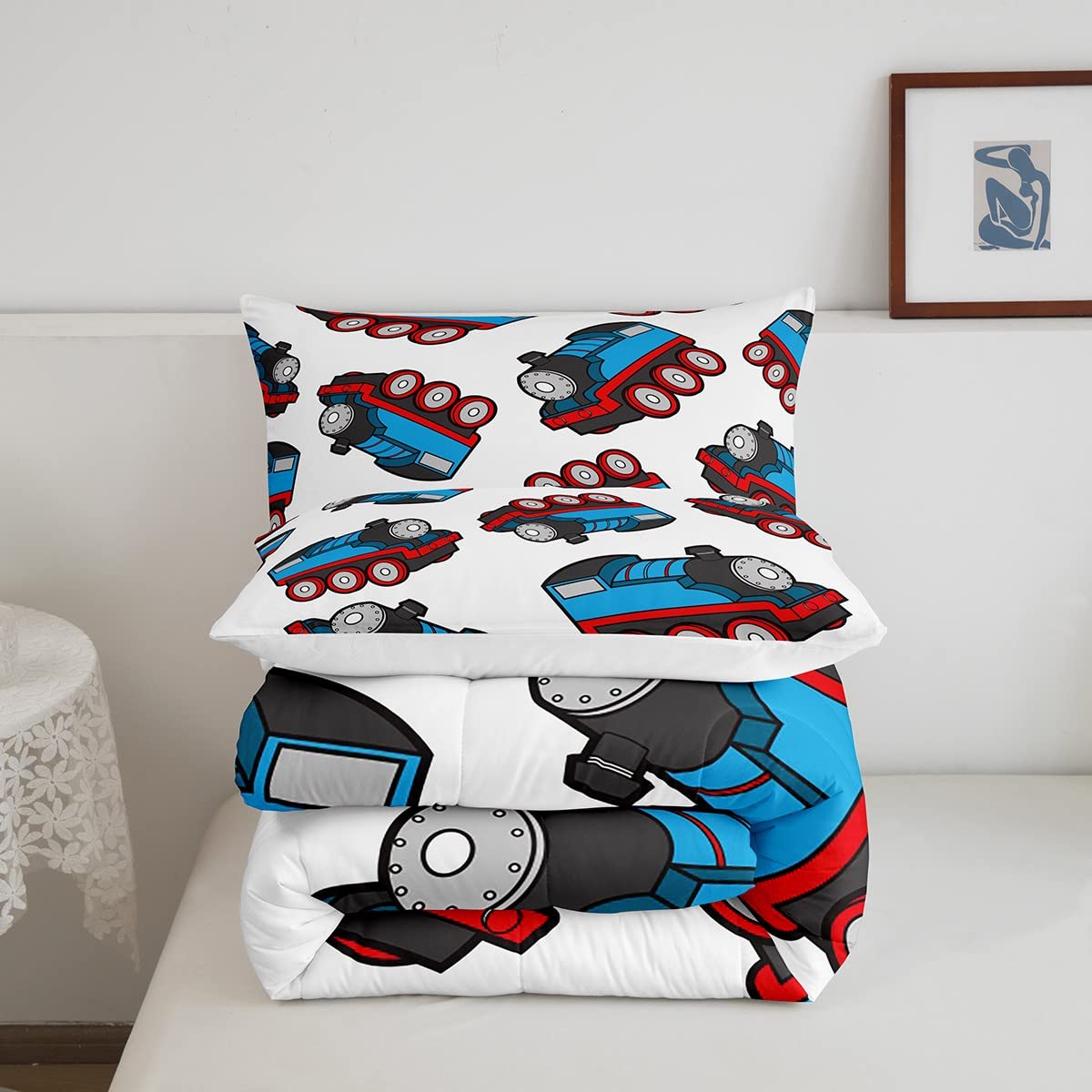 Train Bedding Set Kids Cartoon Car Comforter Set Boys Girls Train Travel Decor Comforter Microfiber Train Construction Red Blue Duvet Set Bedroom Quilt Set Full Size