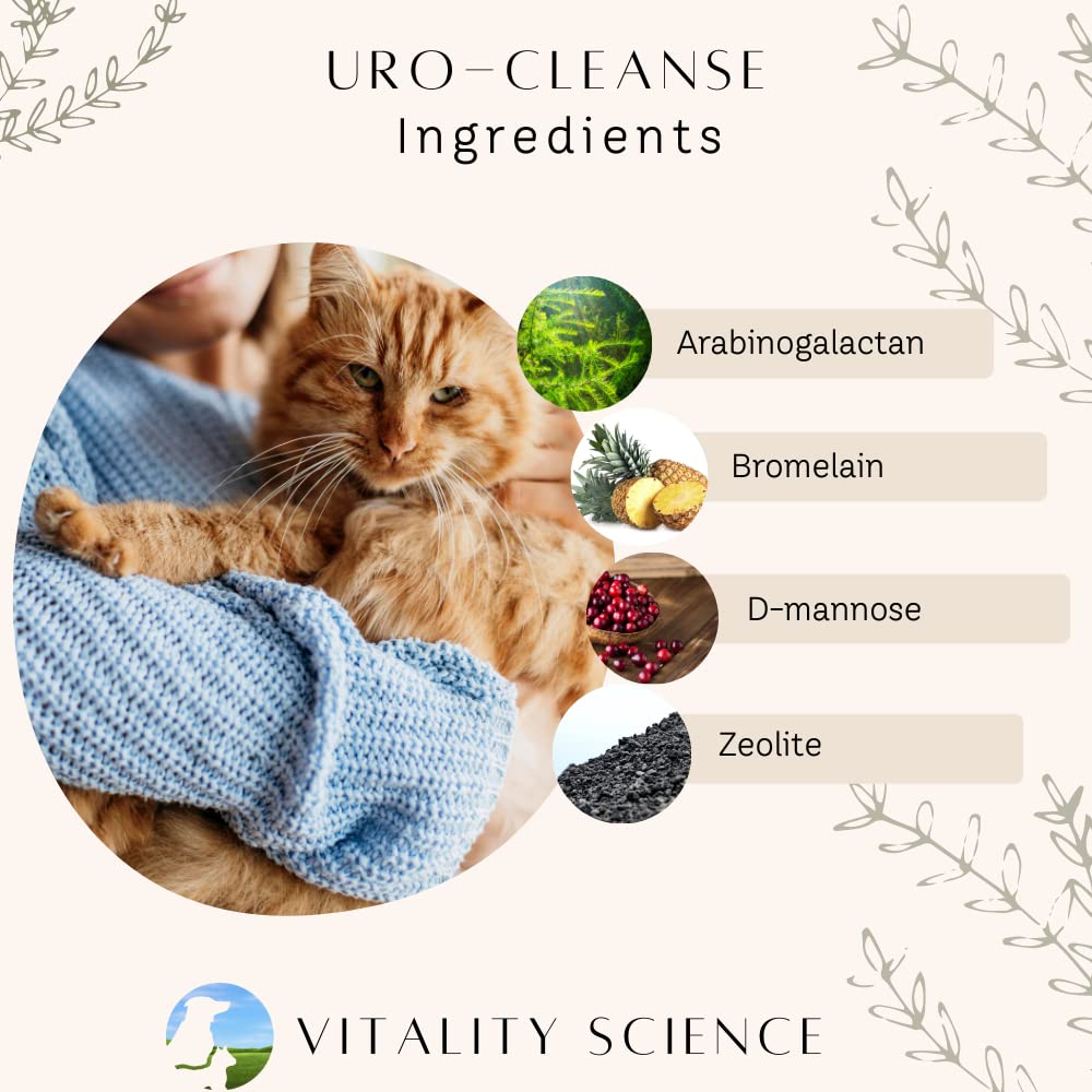 Vitality Science URO-Cleanse for Cats | Natural Aid for Urinary Tract, Bladder, Kidney Health | D-Mannose, Arabinogalactan, Zeolite | Prevents and Eliminates UTI, Bladder Infections and Incontinence