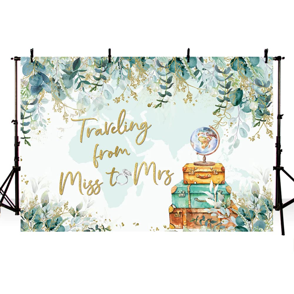 MEHOFOND Miss to Mrs Backdrop Bridal Shower Traveling from Miss to Mrs Banner Greenery Eucalyptus Leaves Adventure Awaits Wedding Supplies Travel Photography Background 7x5ft