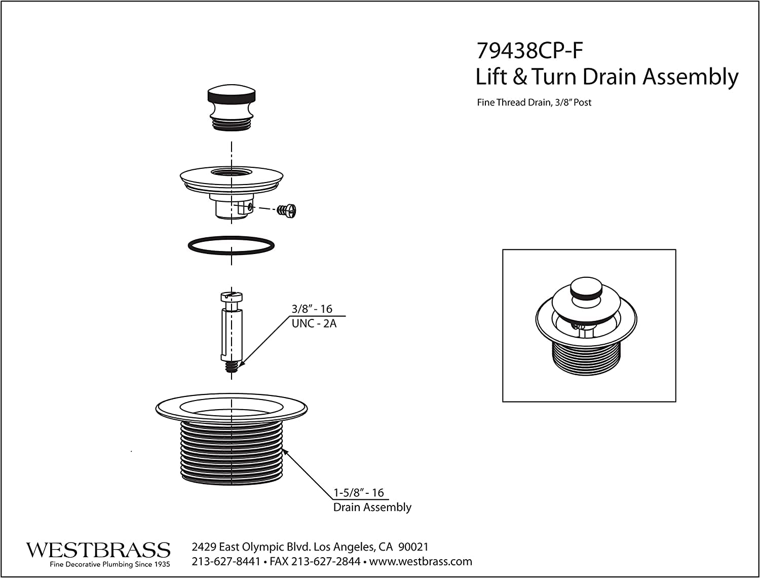 Westbrass 79438CP-F-20 1-1/4" NPSM (1-5/8"-16 UNC-2A) Fine Thread Twist & Close Bathtub Drain Plug, Polished Chrome (20-Pack)