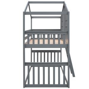 Harper & Bright Designs House Bunk Beds, Twin Over Twin Bunk Bed with Roof, Ladder and Windows, Floor Bunk Bed, Low Bunk Loft Bed for Kids Teens Boys & Girls, Gray