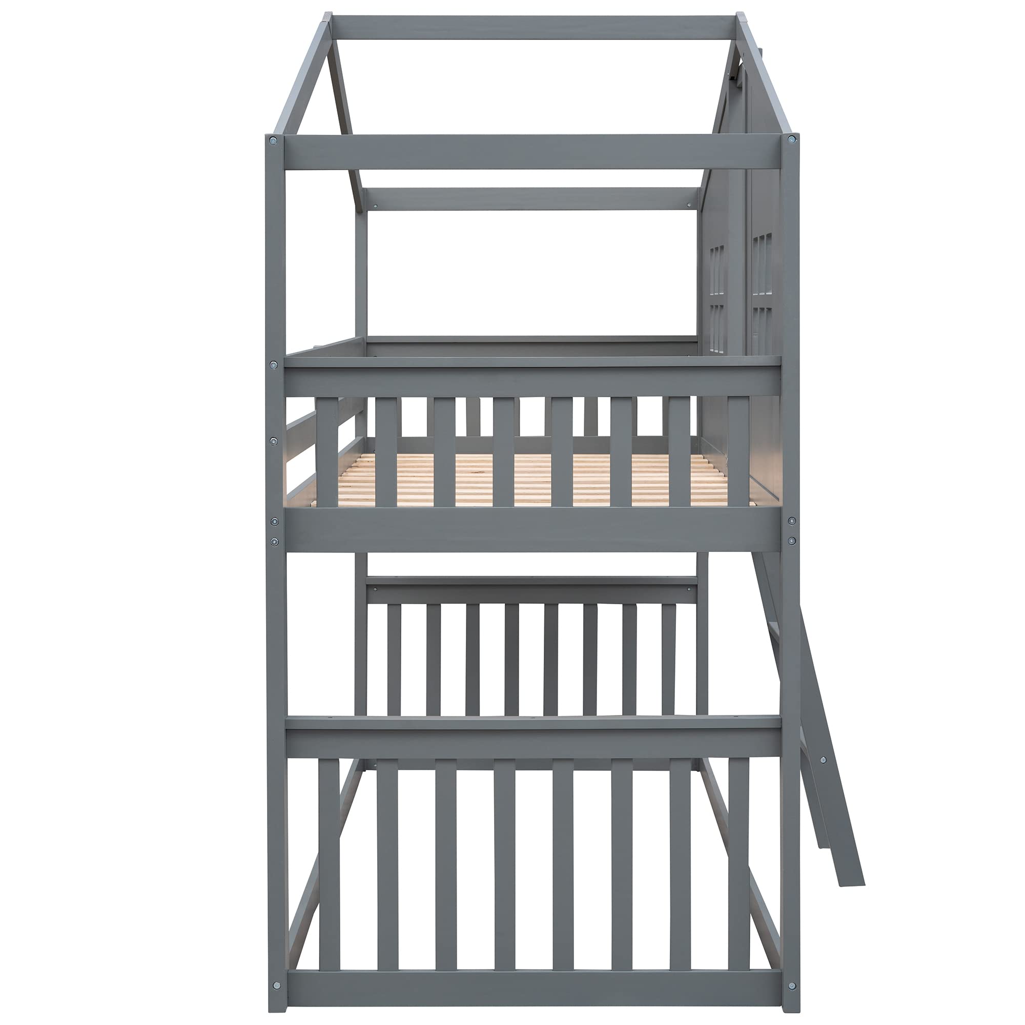 Harper & Bright Designs House Bunk Beds, Twin Over Twin Bunk Bed with Roof, Ladder and Windows, Floor Bunk Bed, Low Bunk Loft Bed for Kids Teens Boys & Girls, Gray