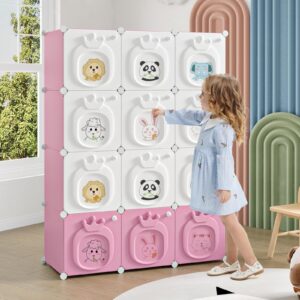 MAGINELS Kids Wardrobe Closet,Baby Closet Cabinet with Door.Baby Girls Closet Armoires Organizer for Bedroom.Two Open Hanging Children Costume Area and 8 Cube Stroage.Pink(42x14x56inch)