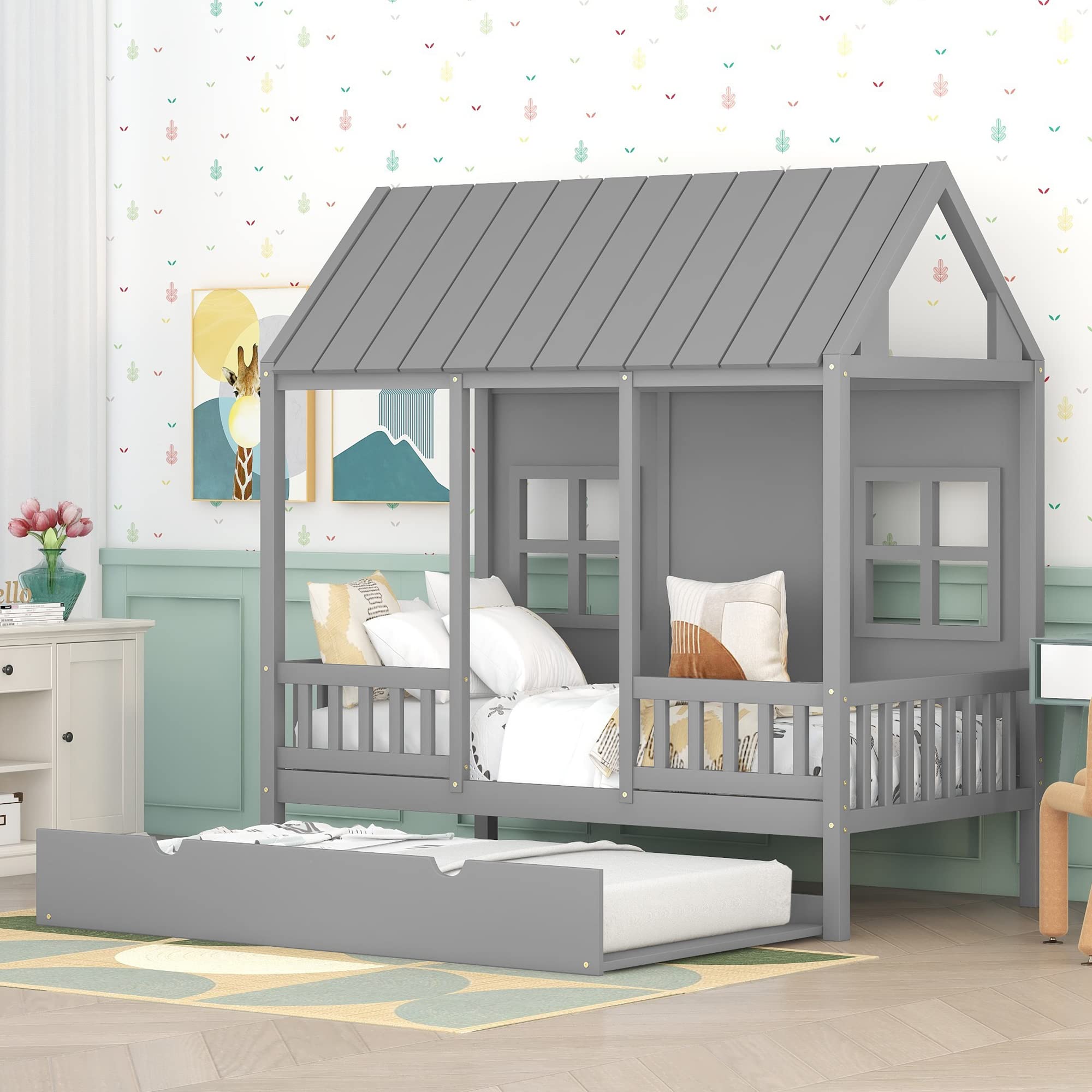 Bellemave Twin House Beds with Trundle for Kids Montessori Bed Wood Playhouse Tent Bed Frame for Girls Boys, Twin Size , Gray