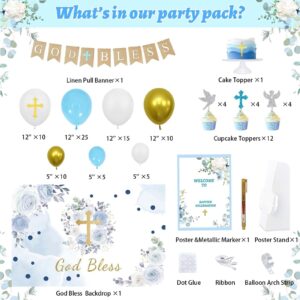 Fiesec Baptism Decorations for Boys, First Communion Christening Party Decorations God Bless Backdrop Balloon Garland Arch Linen Banner Poster Cake Cupcake Topper White Gold Blue