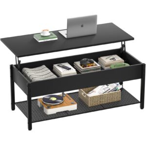 homieasy coffee table, lift top coffee table with storage shelf and hidden compartment, modern lift top table for living room, wood lift tabletop, metal frame - black