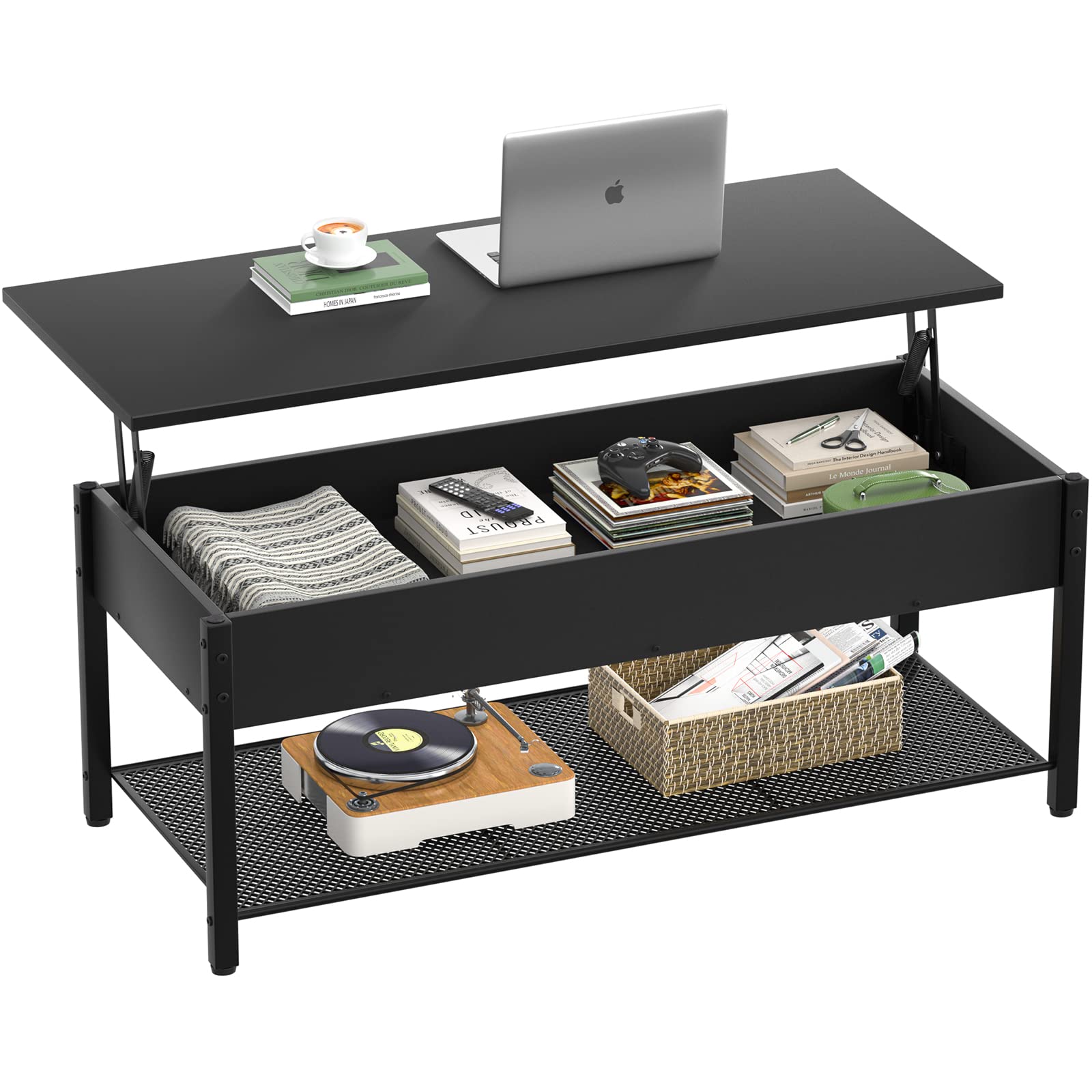 Homieasy Coffee Table, Lift Top Coffee Table with Storage Shelf and Hidden Compartment, Modern Lift Top Table for Living Room, Wood Lift Tabletop, Metal Frame - Black