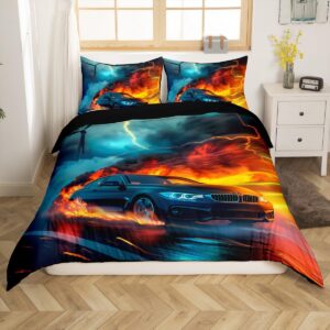 erosebridal race car duvet cover twin,golden flame racing car bedding set for kids boys girls,sports car lightning comforter cover lightweight,storm automobile quilt cover with 1 pillow sham