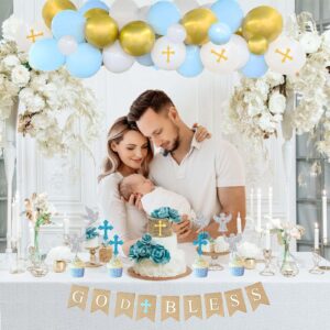 Fiesec Baptism Decorations for Boys, First Communion Christening Party Decorations God Bless Backdrop Balloon Garland Arch Linen Banner Poster Cake Cupcake Topper White Gold Blue