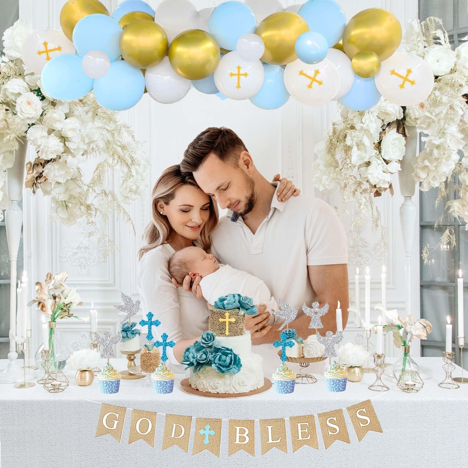 Fiesec Baptism Decorations for Boys, First Communion Christening Party Decorations God Bless Backdrop Balloon Garland Arch Linen Banner Poster Cake Cupcake Topper White Gold Blue