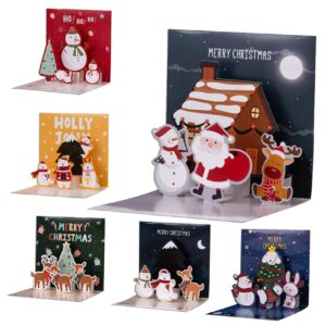 christmas cards, 6 pack small pop up christmas gift card with envelopes stickers, 3d cute holiday greeting cards santa snowman reindeer xmas tree bulk set christmas cards for kids 4.3x4.3inch